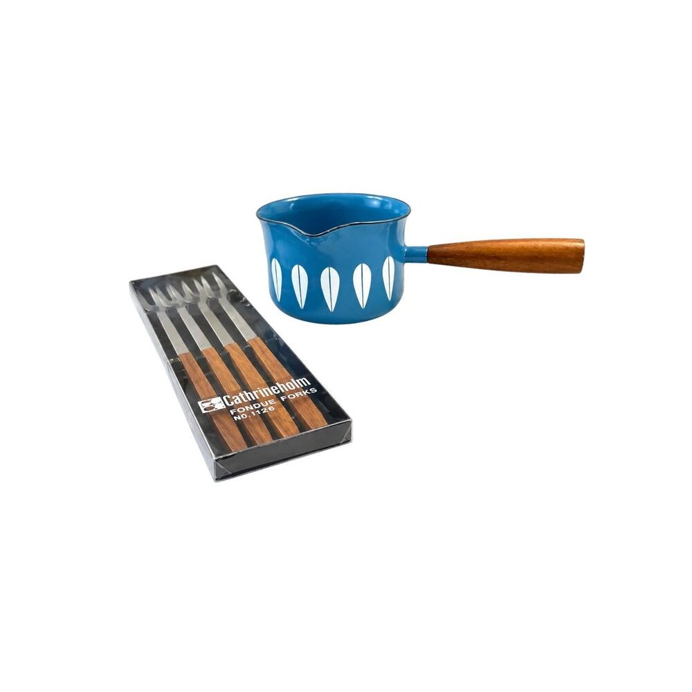 Vintage Cathrineholm Turquoise Blue Lotus Butter Warmer + NOS Fondue Forks